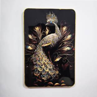 Masstone Peacock Golden effect Crystal Embedded High Gloss Surface with Golden Slim Frame Embossed 18 inch x 12 inch Painting