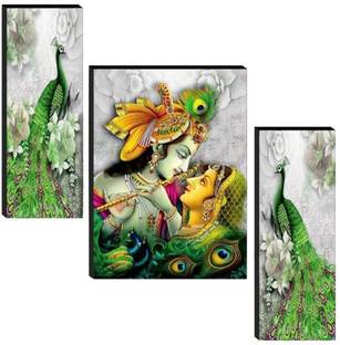 WALLSTOXX Set Of 3 Radha Krishan with Peacock 12X18 Inch MDF Wall Art Painting Digital Reprint 18 inch x 12 inch Painting