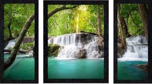 Poster N Frames Set of 3 with Acrylic Sheet (Glass) Vastu Waterfall Landscape Scenery -1135 Digital Reprint 14 inch x 22 inch Painting