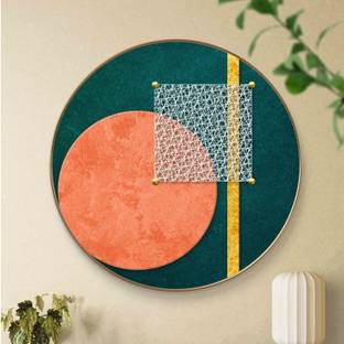 saf Large Round Abstract Art Wall Painting with golden frame Vinyl Sparkle laminated Digital Reprint 23 inch x 23 inch Painting