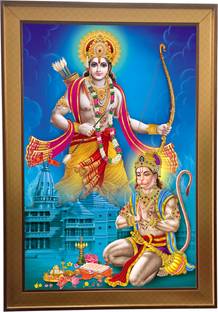 SHASWAT ART Ayodhya Ram Mandir Photo Frame | shree Ram with hanuman Photo Frame Digital Reprint 20 inch x 14 inch Painting