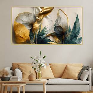Dekorstation Abstract Elegant Golden Canvas Floral Framed Painting for Wall Decoration Canvas 18 inch x 36 inch Painting