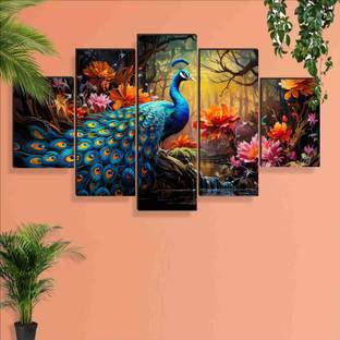 SNDArt Set Of 5 Peacock Wall Paintings For Living Room Digital Reprint 18 inch x 30 inch Painting