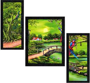 Poster N Frames Landscape Scenery Set of 3 with Acrylic Sheet (Glass) painting-1603 Digital Reprint 13.5 inch x 10.5 inch Painting