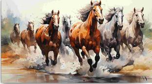 WallChitra Canvas Wall painting of Seven Running Horses for Living Room|For Vaastu in Canvas 20 inch x 36 inch Painting