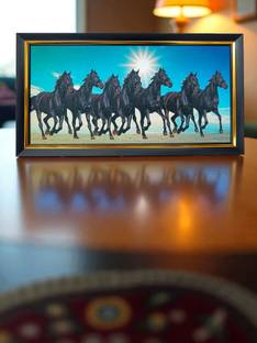 Elegance Vastu Seven Black Running Horses Painting Photo Frame for Home décor Digital Reprint 10.25 inch x 19.25 inch Painting