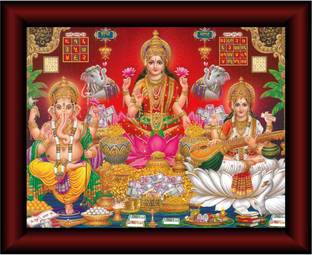 saf Laxmi Saraswati Ganesha UV Textured Multi-Effect Painting Digital Reprint 14 inch x 11 inch Painting