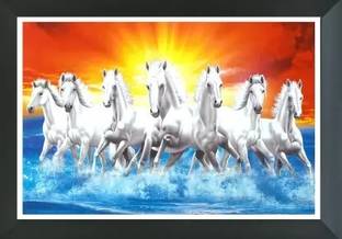 AARTKALA Seven white running horse photo frame | UV Textured 7 Running Horses Vastu Digital Reprint 14 inch x 20 inch Painting