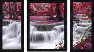 Poster N Frames Set of 3 with Acrylic Sheet (Glass) Vastu Waterfall Landscape Scenery -1123 Digital Reprint 14 inch x 22 inch Painting
