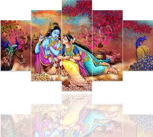 Masstone Radha Krishna with Flute Religious 5 Piece Panel MDF Painting Digital Reprint 17 inch x 30 inch Painting