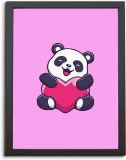 TheKarkhana Cartoon Cute Love Heart Panda Laminated (Without Glass) Digital Reprint 12 inch x 8 inch Painting