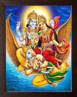 Karuna Enterprises Lord Vishnu and Goddess Lakshmi Mount on Garuda HD Printed Religious Digital Reprint 12 inch x 8 inch Painting