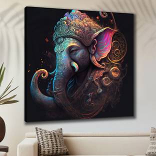 saf Wooden Framed Lord Ganesha Canvas Wall Painting for Home Décor and Office Digital Reprint 30 inch x 30 inch Painting
