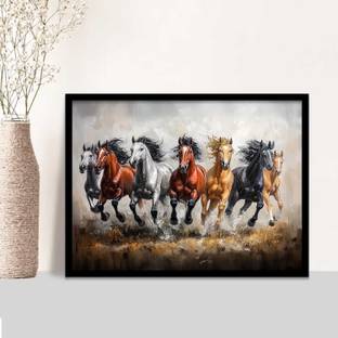 Rainbow Arts 7 Horses Vastu Frame Wall Art Painting for Living Room Bedroom Office | Digital Reprint 13 inch x 10 inch Painting