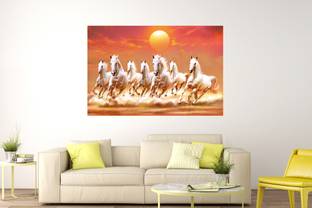Masstone Vastu Seven Running Horses Sparkle Coated Self Adhesive Wallpaper Without Frame Digital Reprint 24 inch x 36 inch Painting