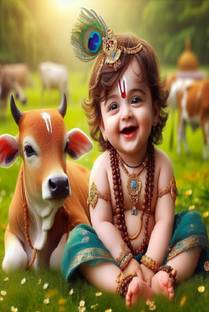 Fliptic Cute Bal Krishna Poster for Pooja Room,Bedroom,Living Room for pregnant women Digital Reprint 18 inch x 12 inch Painting