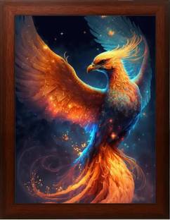 AARTKALA Golden Phoenix Bird Digital Reprint With Brown Frame Digital Reprint 10 inch x 14 inch Painting