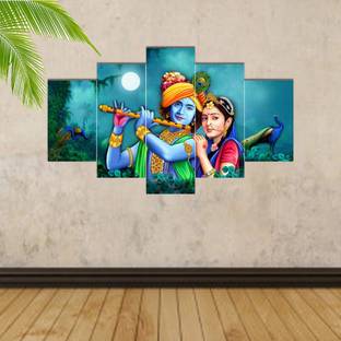 Masstone Radha Krishna with Flute wall painting for home decor | Frame for wall | 5 Panel Digital Reprint 17 inch x 30 inch Painting