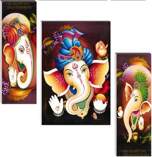 SNDArt Set Of 3 LORD GANESHA Wall Paintings For Living Room Digital Reprint 12 inch x 18 inch Painting