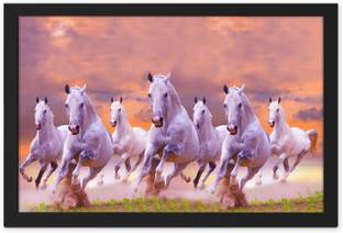 Ritwika's Seven White Running Horse In The Field Vastu Symbol Framed Poster Digital Reprint 9.5 inch x 0.5 inch Painting