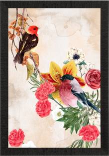 eCraftIndia Colorful Birds Sitting on Tree Branch Satin Matt Texture UV Art Painting Ink 20 inch x 14 inch Painting