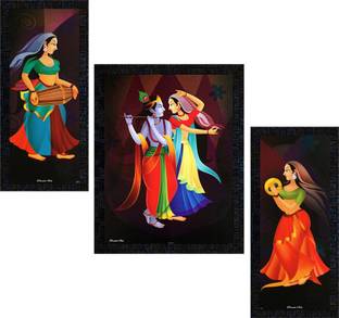 Poster N Frames Love Couple Radha Krishna Set of 3 with Acrylic Sheet (Glass) painting-0389 Digital Reprint 14 inch x 22 inch Painting