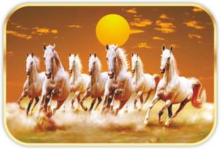saf 7 Running Horses Sparkle lamination Round Golden Framed Large Painting Digital Reprint 14 inch x 20 inch Painting