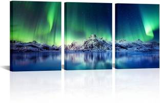 Vedic Vastu Northern Lights Canvas Wall Art - Aurora Borealis Wall Art Snowy Mountain Canvas 16 inch x 12 inch Painting