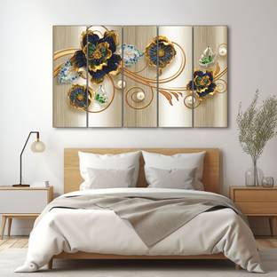 TheCastleDecor Modern floral metal Set of 5 Big Size Multiple Frames Wall Painting Natural Colors 48 inch x 28 inch Painting