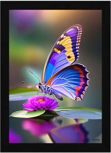 FRIZZY ARTS Iridescent Grace – Butterfly on Water Lily Bloom Digital Reprint 20 inch x 14 inch Painting
