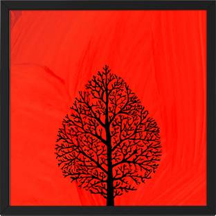 Ritwika's Abstract Art Black Tree Red Bg Painting with Frame Digital Reprint 13.5 inch x 13.5 inch Painting