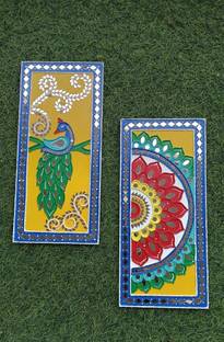 Rema Fabtex Art Lippan Art Mirror Wall Decor Handmade Wall Art Peacock Combo Acrylic 12 inch x 6 inch Painting