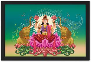 Ritwika's Modern Illustration Of Goddess Laxmi Surrounded By Elephants With Frame For Home and Office Décor Digital Reprint 9.5 inch x 13.5 inch Painting