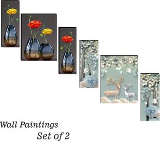 SNDArt Set Of 2 Flower With Deer Modern Art Wall Painting For Living Room 3D Digital Reprint 12 inch x 18 inch Painting