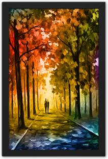 Ritwika's Couple Enjoying Autumn Trees Forest Modern Art Multicolored Framed Digital Reprint 13.5 inch x 9.5 inch Painting