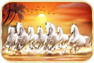 saf Seven Running Horses Sparkle Lamination Finished Surface Golden Slim Frame Digital Reprint 13.5 inch x 20 inch Painting