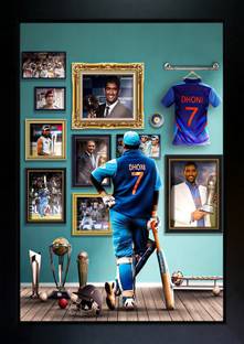 CrowdHall MS Dhoni Photo Frame | MS Dhoni Cricket Poster with Frame Digital Reprint 13.5 inch x 10 inch Painting