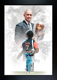 CrowdHall MS Dhoni Photo Frame | MS Dhoni Cricket Poster with Frame Digital Reprint 13.5 inch x 10 inch Painting