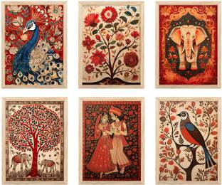 Artifly Set of 6 Framed madhubani art Paintings for Living Room and wall decor P-06 Digital Reprint 13 inch x 10 inch Painting