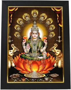 SAI BALAJI ACRALICS Dhanalakshmi with wooden Photo frame (8 Inch x 12 Inch ) Digital Reprint 14 inch x 10 inch Painting