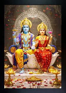 A V TRADERS Lord Vishnu with Goddess Lakshmi – Mythological Painting A4 SIZE BLACK FARMES Digital Reprint 12 inch x 10 inch Painting