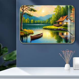 Masstone Premium Crystal Natural Scenery High Gloss Surface Golden Slim Frame Glass Print 12 inch x 18 inch Painting