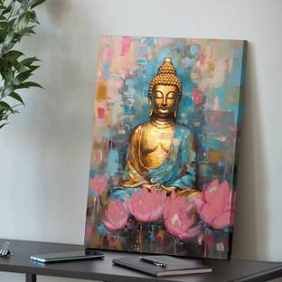 Painting Mantra Stretched On Frame Painting Peaceful Lord Buddha with Flowers Abstract Art Canvas 22 inch x 16 inch Painting