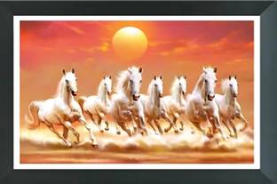 Karuna Enterprises White Running Horses on Water Painting - Vastu Rising Sun Wall Decor Digital Reprint 12 inch x 18 inch Painting