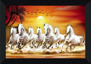 SNDArt (SHF-8433)Lucky Seven Running Horses Vastu UV Matt Textured Framed Digital Reprint 10.9 inch x 14 inch Painting