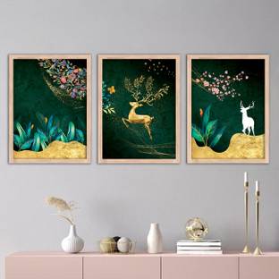 Rainbow Arts Abstract Art Framed Paintings for Wall Decor - Golden Deer Paintings with Frame Digital Reprint 14 inch x 11 inch Painting