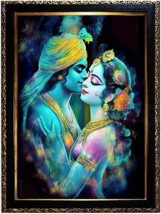 ER HANDICRAFT RADHA KRISHNA AI GLOSSY PHOTO WITH GOLDEN BLACK FRAME A4 SIZE Digital Reprint 14 inch x 10 inch Painting