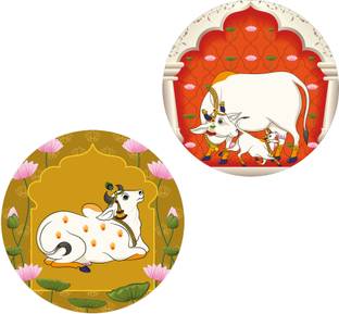 Indianara Set of 2 Pichwai Round Shape Wall Painting for living room/Home/Bedroom/Office Digital Reprint 12 inch x 12 inch Painting