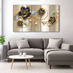 TheCastleDecor Modern floral metal Set of 5 Big Size Multiple Frames Wall Painting Natural Colors 48 inch x 28 inch Painting