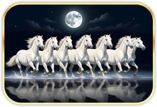 saf 7 Running Horses Sparkle Lamination Finished Surface Golden Slim Frame Digital Reprint 20 inch x 14 inch Painting